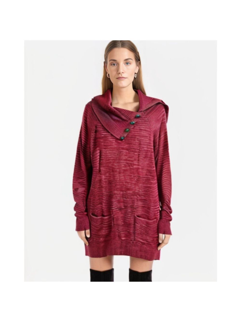 Eight eight eight Marled Cranberry Button Cowl Neck Long Sleeve Sweater Dress